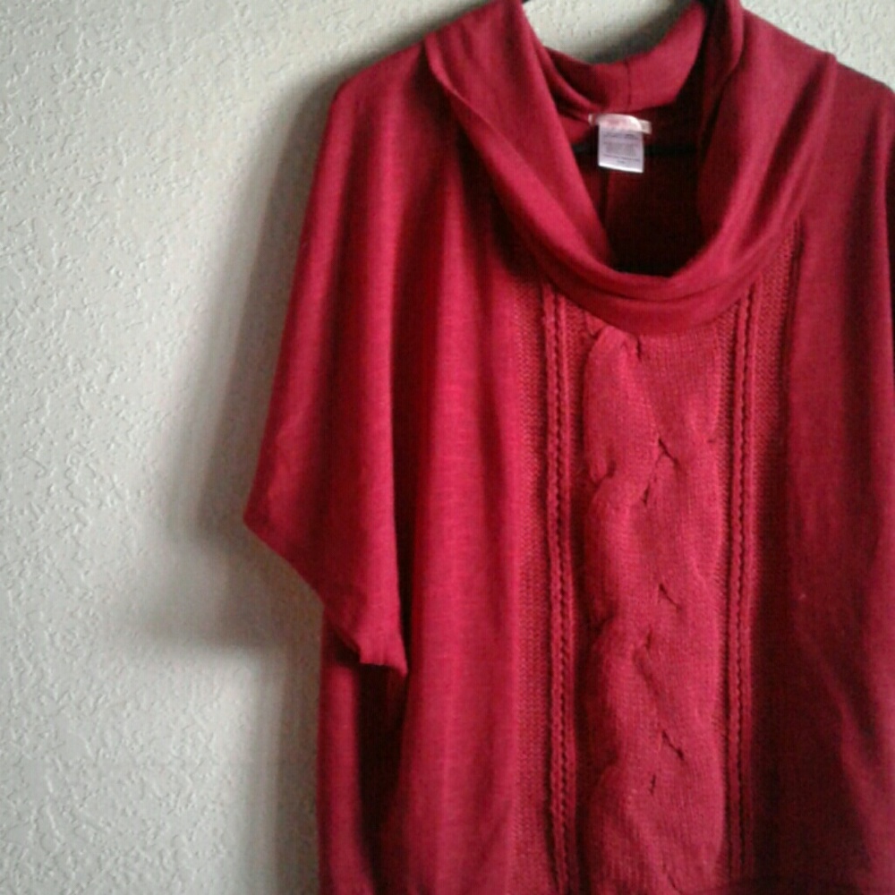 Red cable knit cowel- neck short sleeve sweater